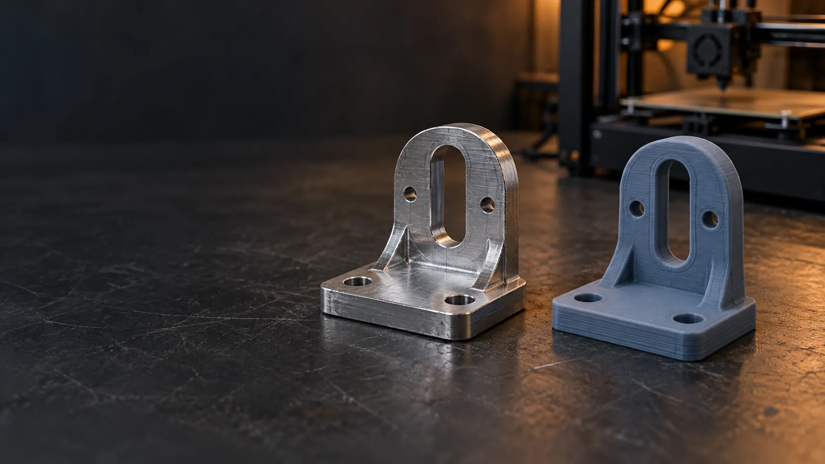 A machined metal bracket beside a 3D printed copy of the same part