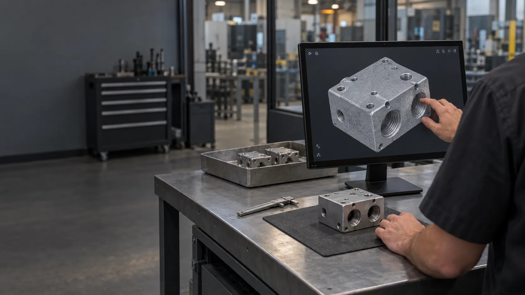 An employee at an in-house workstation reviews the 3D scan of a machined block on a monitor, with the block on the bench in front