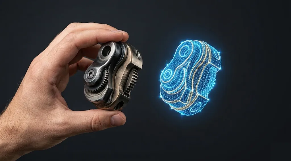A physical part beside its 3D scan model