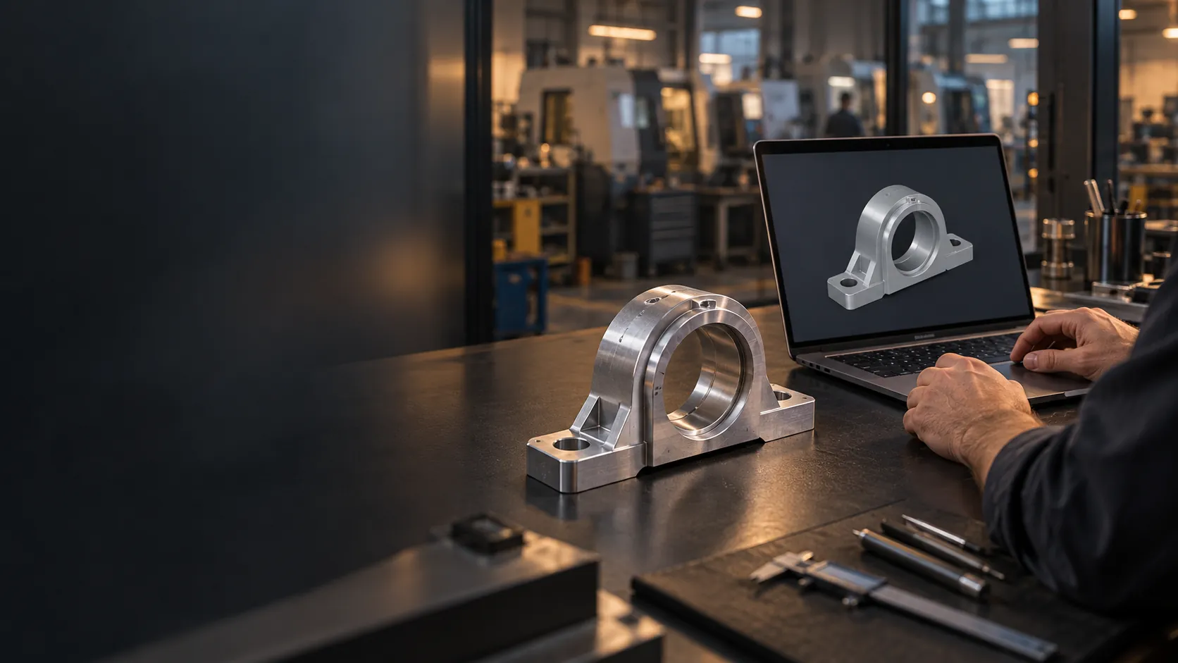 A machined bearing housing beside a laptop showing its 3D scan model