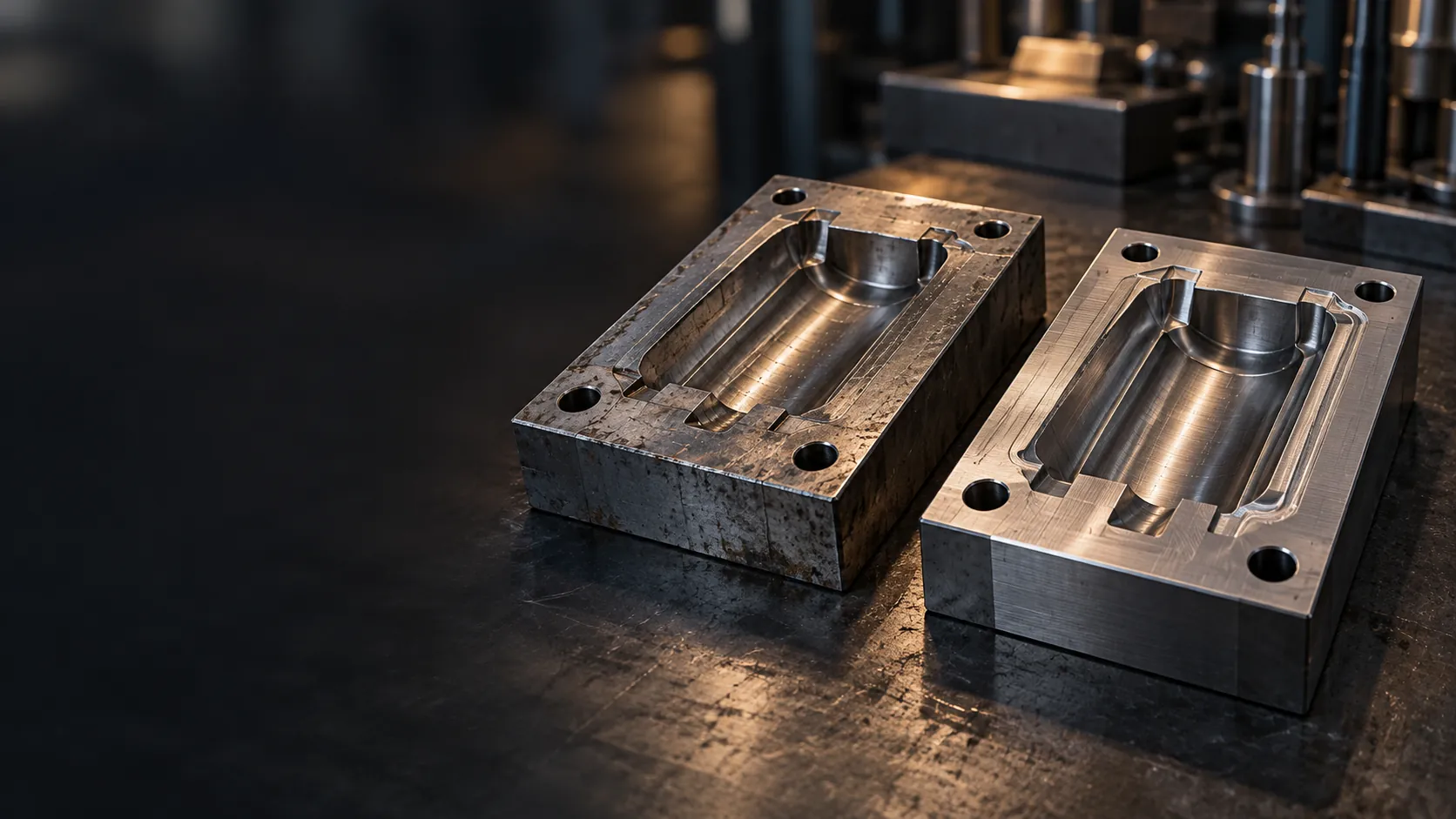 Two machined mould plates side by side on a workshop surface