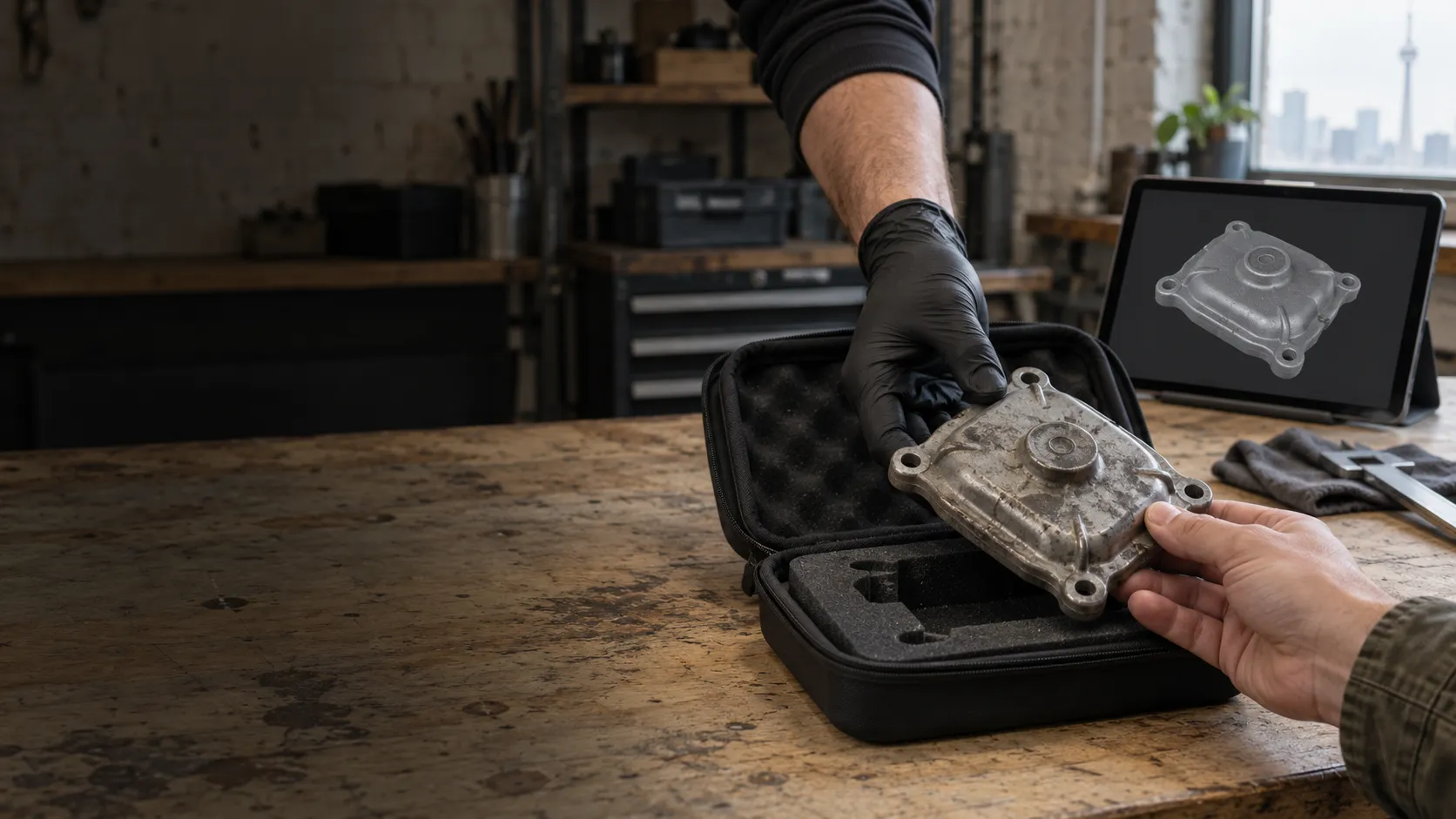 A cast metal part handed over from a foam-lined case at a workbench, with its 3D scan on a tablet and the Toronto skyline through the window